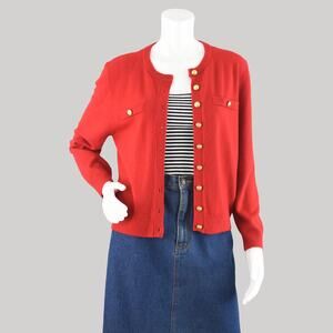 Vintage 80s Red Cardigan with Crest Buttons, Women's Petite Medium